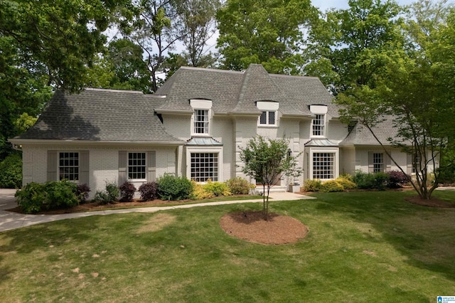 french country style house featuring brick siding, a front lawn, and roof with shingles