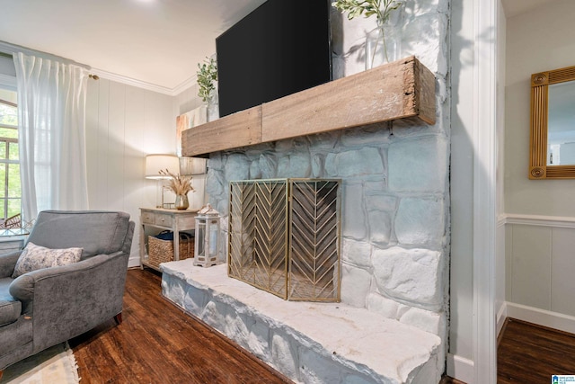 interior details with crown molding, a decorative wall, wood finished floors, a stone fireplace, and wainscoting