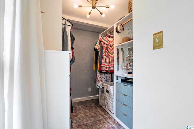 walk in closet with dark wood finished floors