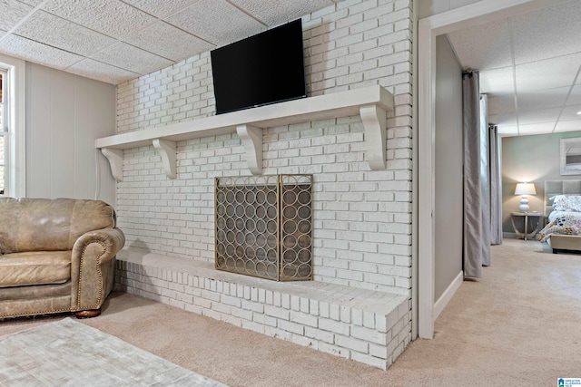living room featuring carpet and a drop ceiling