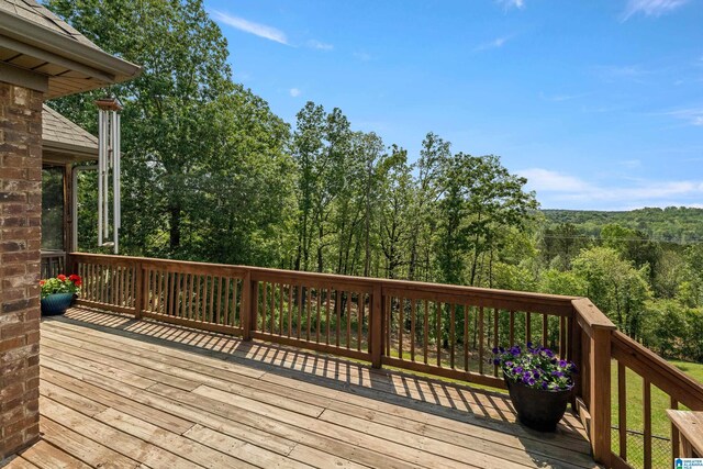 wooden deck featuring a view of trees
