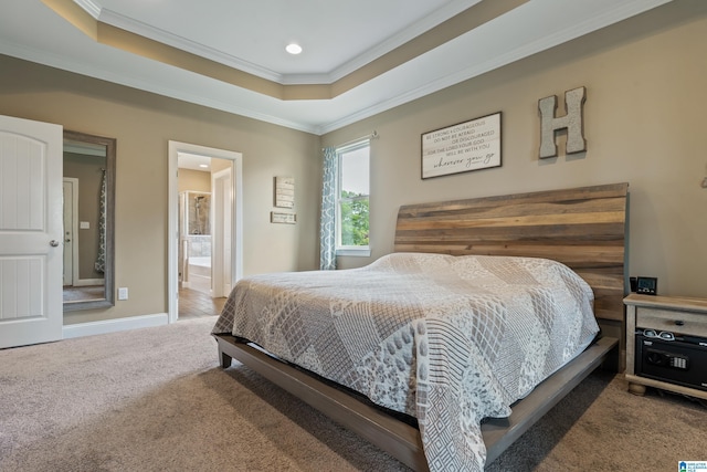 bedroom with crown molding, carpet floors, a raised ceiling, baseboards, and recessed lighting