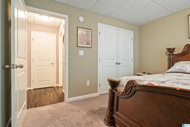 bedroom with a closet, attic access, baseboards, carpet flooring, and a paneled ceiling