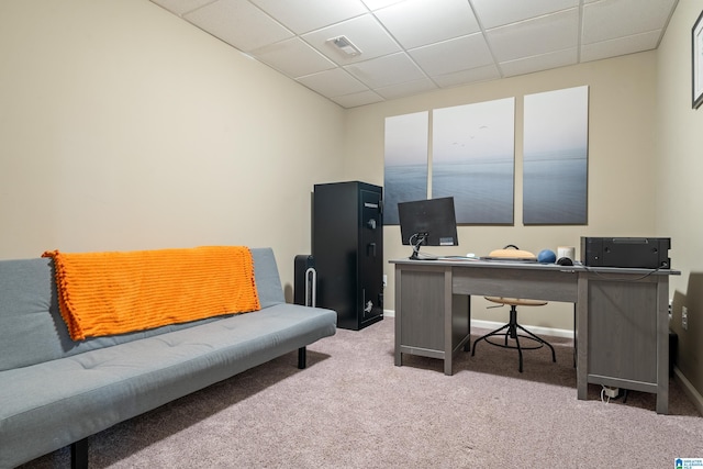 carpeted office featuring baseboards, visible vents, and a drop ceiling