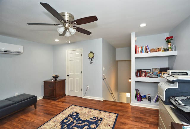 interior space with baseboards, recessed lighting, a wall mounted air conditioner, and wood finished floors