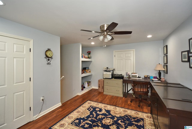 office featuring baseboards, ceiling fan, recessed lighting, and wood finished floors