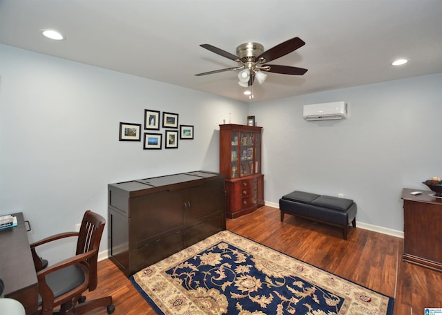 home office with ceiling fan, recessed lighting, a wall mounted air conditioner, and wood finished floors