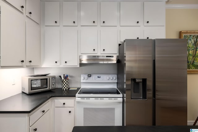 kitchen featuring dark countertops, white cabinetry, stainless steel appliances, and under cabinet range hood