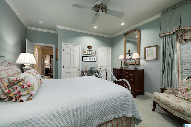 bedroom with recessed lighting, light colored carpet, ornamental molding, baseboards, and a ceiling fan