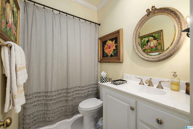 bathroom with ornamental molding, tile patterned floors, toilet, and vanity
