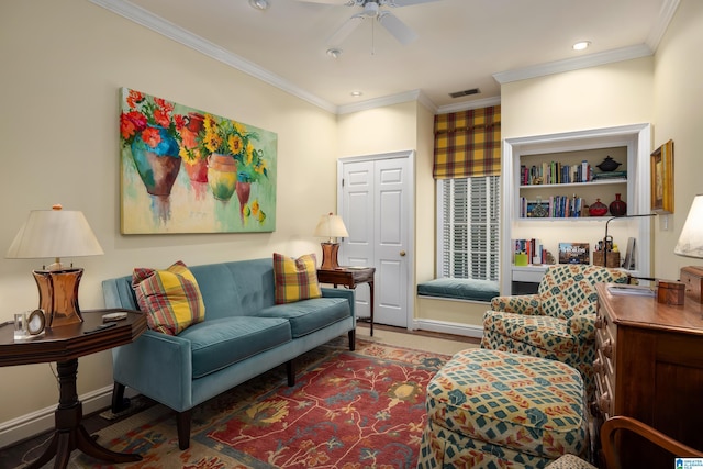 carpeted living room featuring ornamental molding, recessed lighting, a ceiling fan, and visible vents