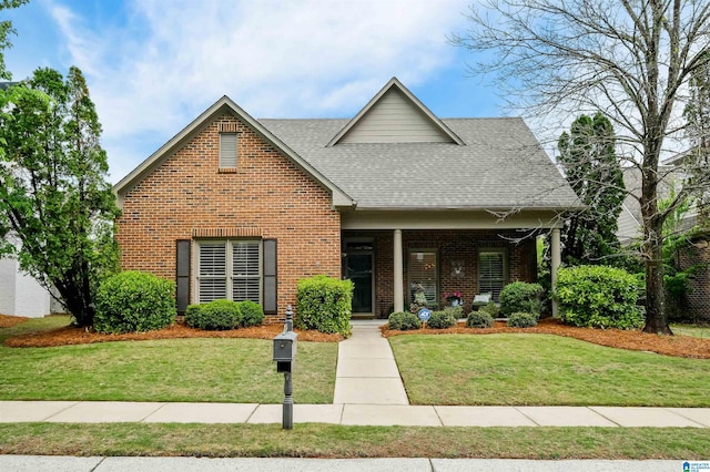 view of front of house featuring brick siding, a front yard, and roof with shingles
