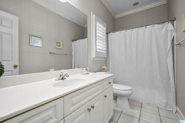 bathroom with curtained shower, toilet, ornamental molding, vanity, and tile patterned flooring