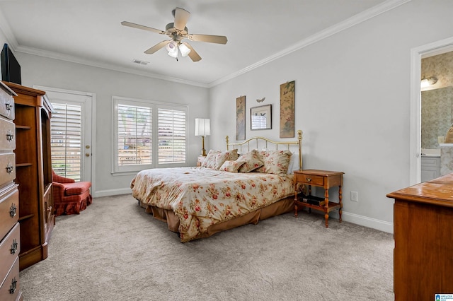 bedroom featuring ornamental molding, carpet flooring, baseboards, and visible vents