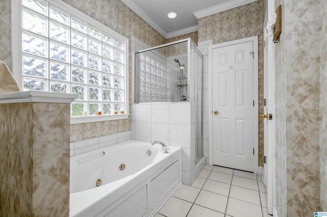 full bath featuring tile patterned floors, a whirlpool tub, ornamental molding, and a stall shower