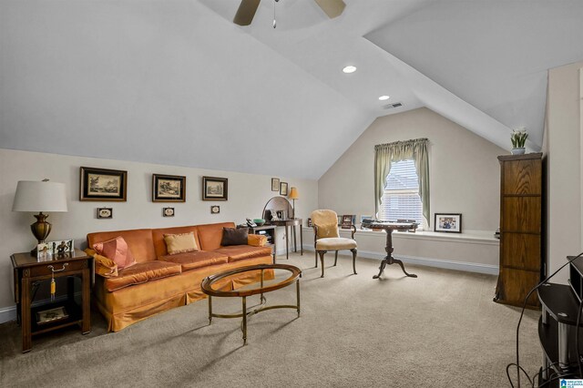 carpeted living room featuring recessed lighting, ceiling fan, baseboards, visible vents, and lofted ceiling