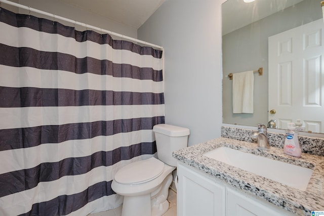 full bathroom with toilet, a shower with curtain, and vanity