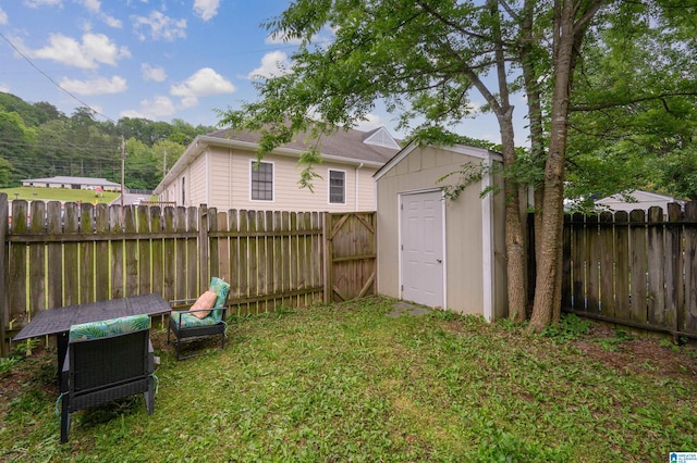 view of yard featuring a storage unit, a fenced backyard, and an outbuilding