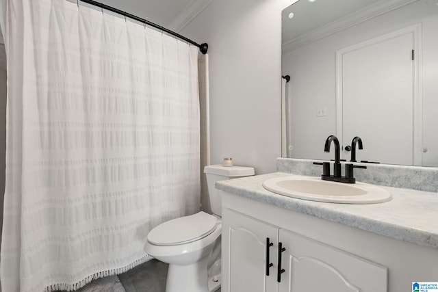 bathroom featuring vanity, toilet, crown molding, and a shower with shower curtain