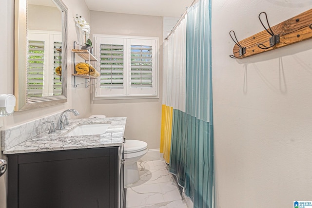 full bath with curtained shower, toilet, vanity, and marble finish floor