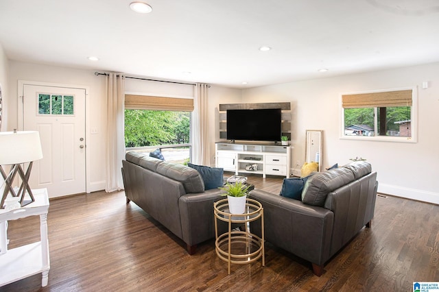 living room with baseboards, recessed lighting, a healthy amount of sunlight, and dark wood-style flooring