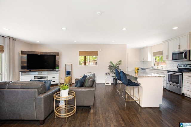 living room featuring baseboards, recessed lighting, and dark wood-style flooring