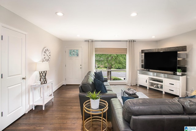 living area featuring recessed lighting and dark wood-style floors