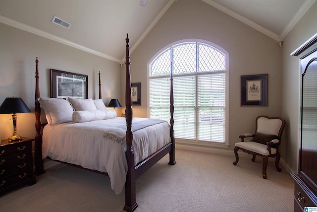bedroom featuring lofted ceiling, light carpet, crown molding, and baseboards