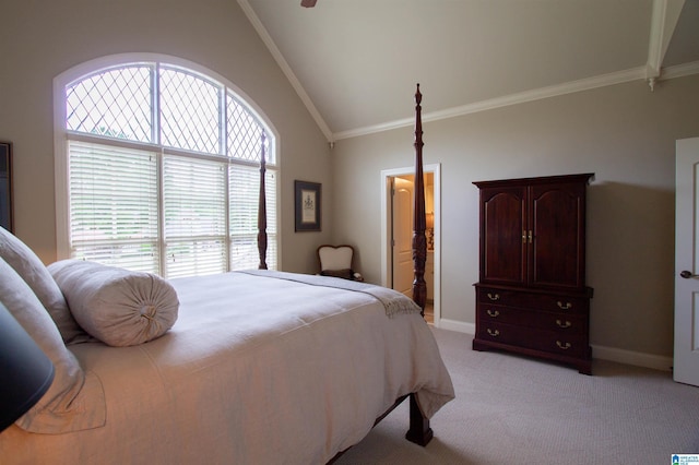 bedroom with light carpet, crown molding, high vaulted ceiling, and baseboards