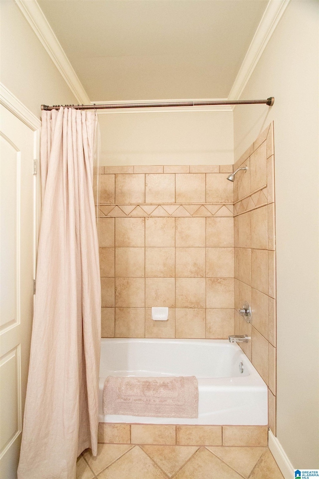 bathroom with crown molding, tile patterned floors, and shower / bathtub combination with curtain