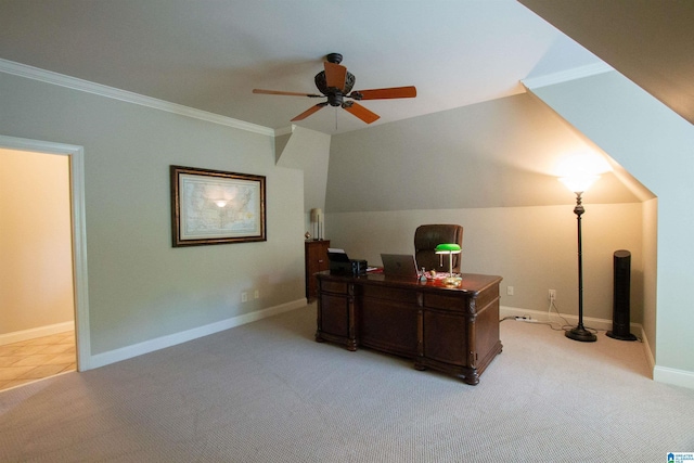 home office with ceiling fan, light carpet, crown molding, and baseboards