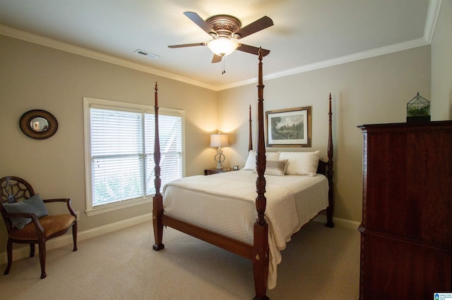 bedroom featuring light carpet, baseboards, crown molding, and a ceiling fan