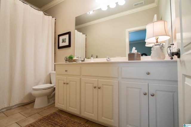 bathroom with ornamental molding, toilet, vanity, and tile patterned floors