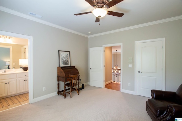 sitting room with ornamental molding, light carpet, ceiling fan, and baseboards
