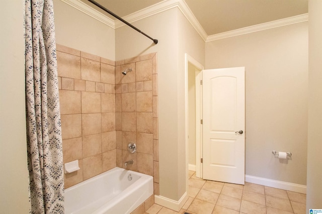 full bathroom featuring tile patterned flooring, crown molding, shower / bath combination with curtain, and baseboards