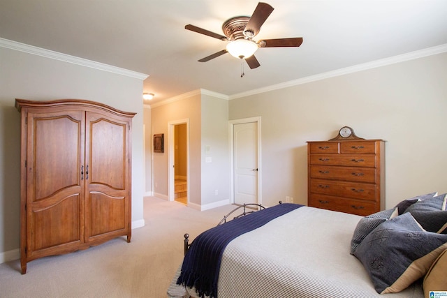bedroom featuring crown molding, baseboards, light carpet, and ceiling fan