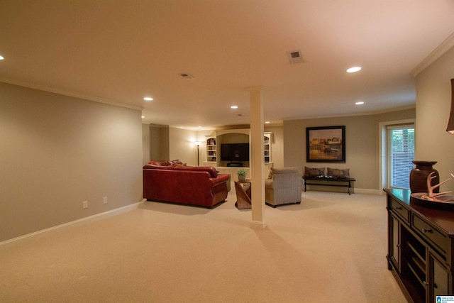 living area featuring ornamental molding, recessed lighting, light carpet, and baseboards