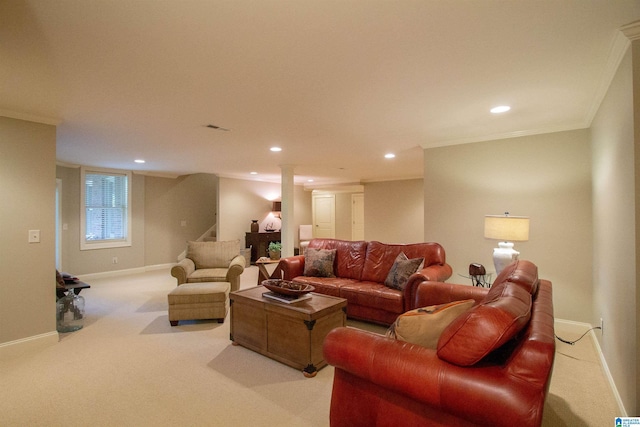 living room with light carpet, ornamental molding, baseboards, and recessed lighting