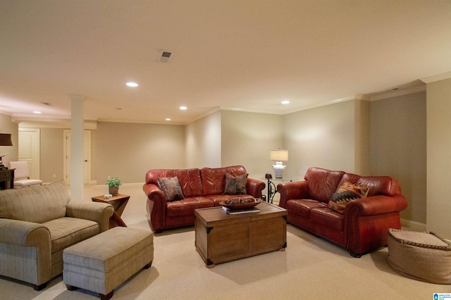 living room featuring recessed lighting, light carpet, ornamental molding, and baseboards