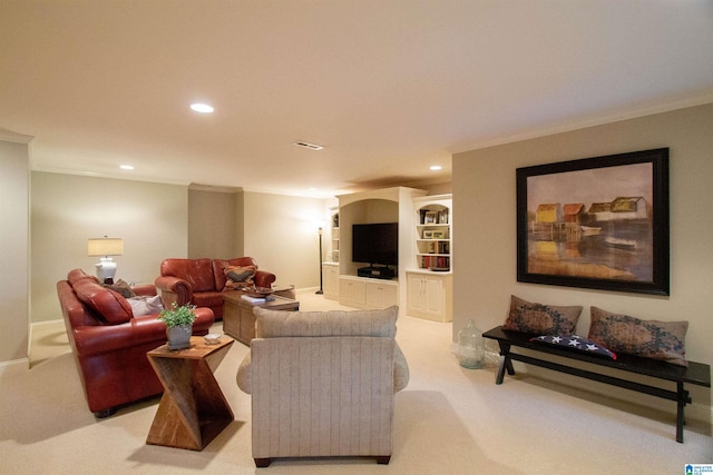 living area featuring recessed lighting, light colored carpet, crown molding, and baseboards