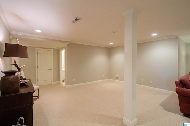 finished basement featuring recessed lighting, crown molding, carpet floors, and baseboards
