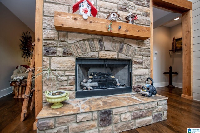 room details featuring baseboards, a stone fireplace, and wood finished floors