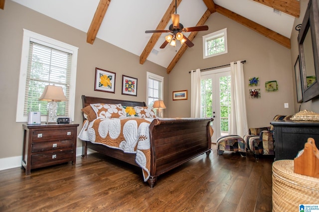 bedroom with access to outside, beam ceiling, high vaulted ceiling, a ceiling fan, and dark wood-type flooring