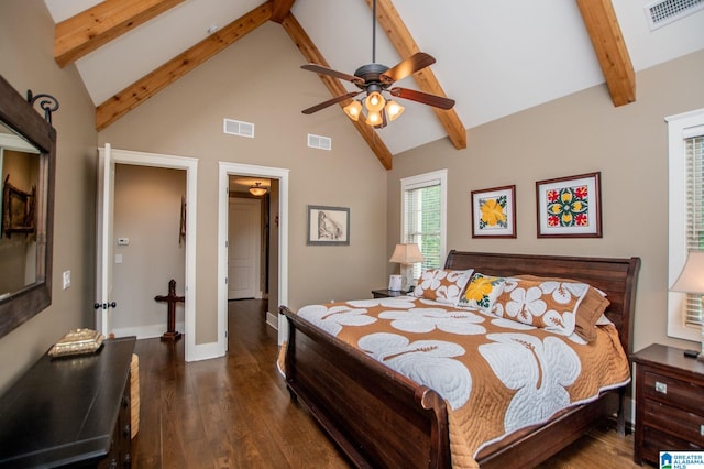 bedroom with high vaulted ceiling, beam ceiling, and visible vents