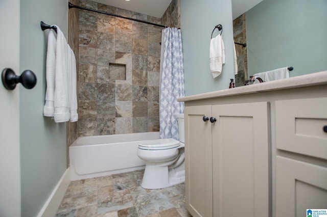 bathroom featuring vanity, baseboards, toilet, and shower / bathtub combination with curtain