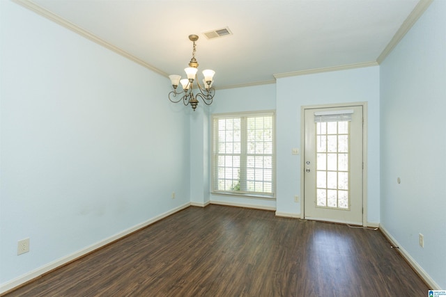 interior space featuring dark wood-type flooring, visible vents, crown molding, and a chandelier
