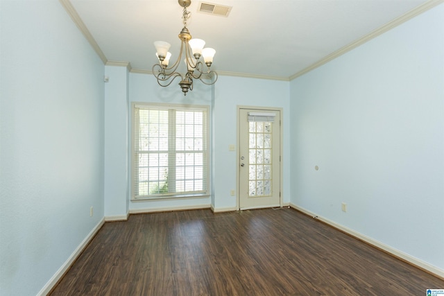 unfurnished dining area with a chandelier, a healthy amount of sunlight, crown molding, visible vents, and dark wood finished floors