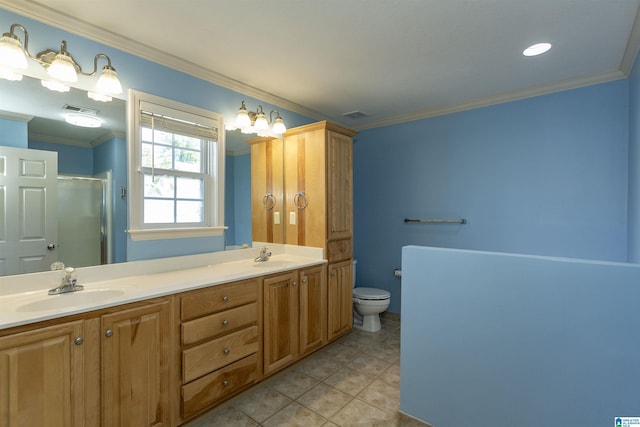bathroom with tile patterned flooring, a shower stall, ornamental molding, a sink, and visible vents