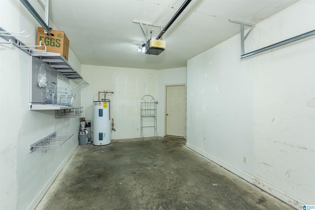 garage with water heater, a garage door opener, and baseboards