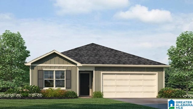 single story home with a front lawn, driveway, board and batten siding, an attached garage, and roof with shingles